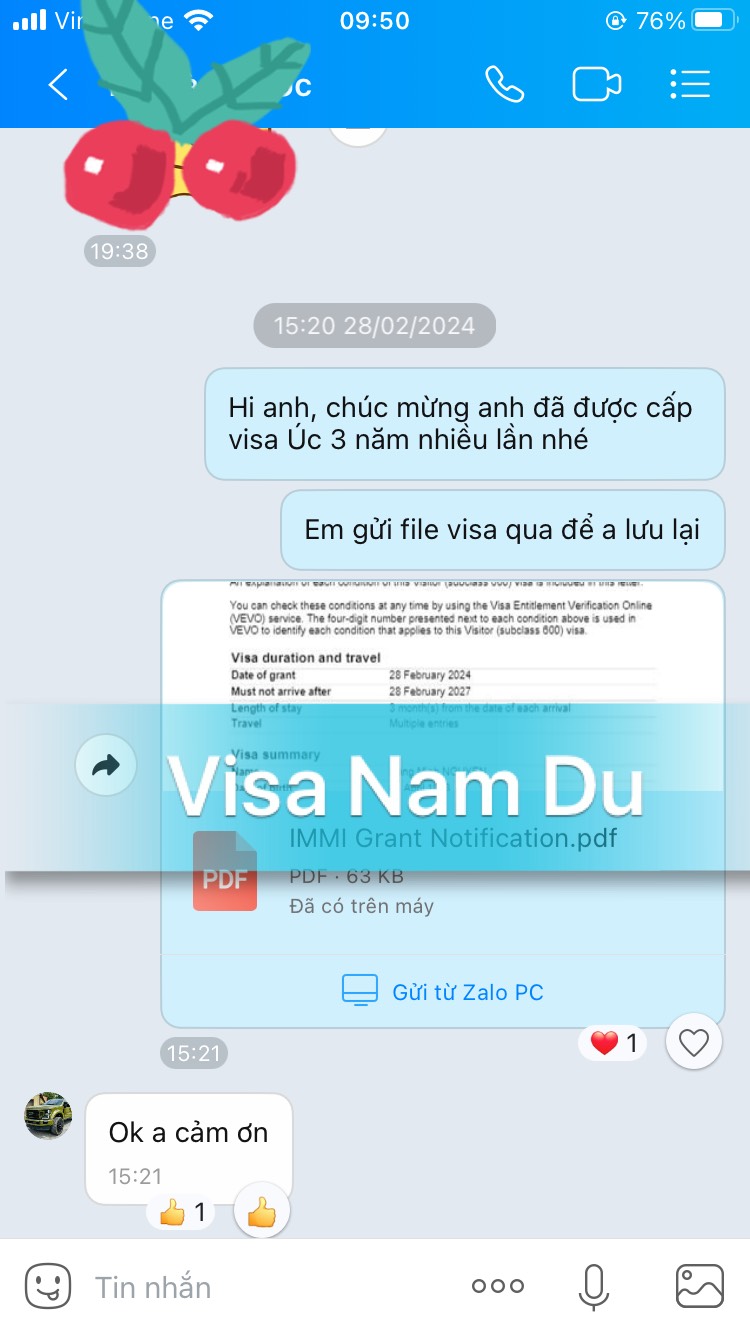 Chúc mừng anh Minh đã nhận được visa du lịch Úc 3 năm