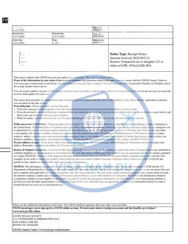 Biên nhận bảo lãnh diện F2B (Cha mẹ thẻ xanh bảo lãnh con trên 21 tuổi độc thân)