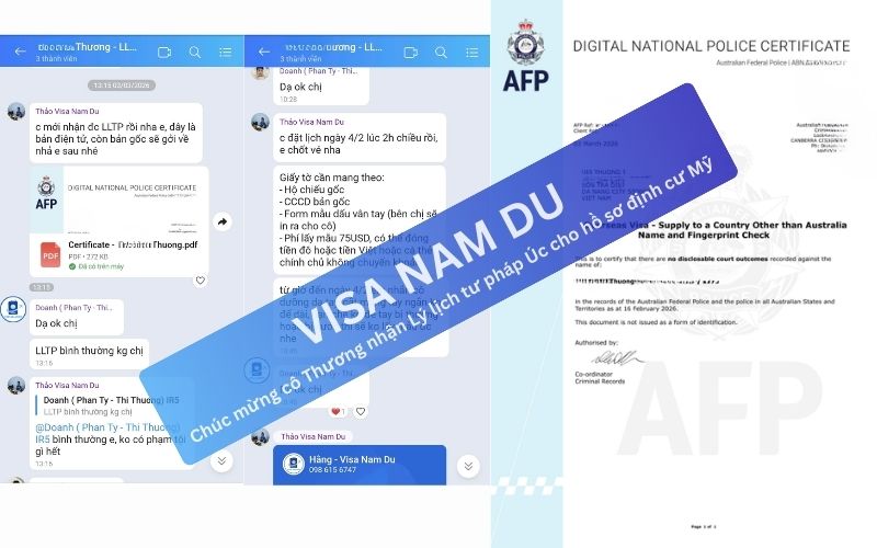 Chúc mừng cô Thương nhận Lý lịch tư pháp Úc cho hồ sơ định cư Mỹ