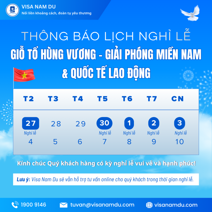 Thông báo lịch nghỉ lễ – Visa Nam Du
